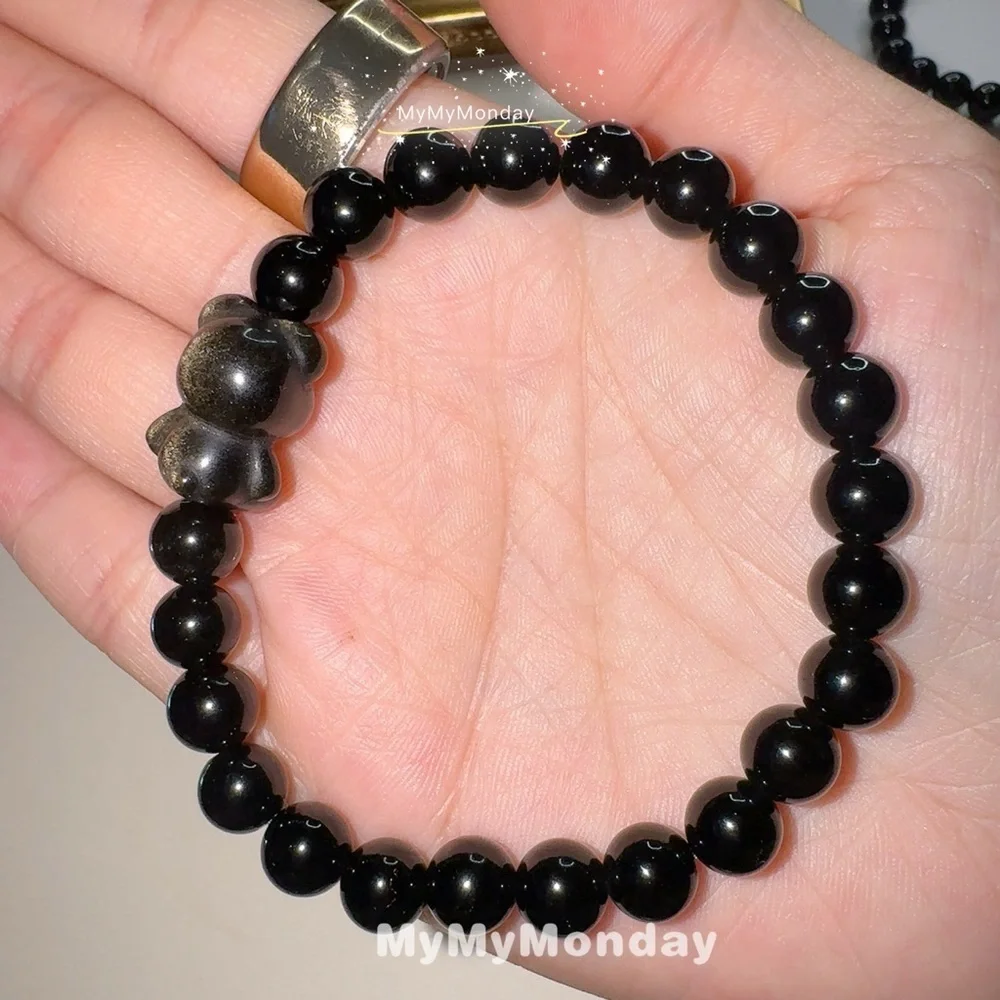Gold Obsidian Bear and Black Obsidian Bracelet 8mm